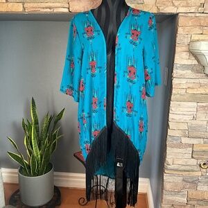 Indie Grunge Fringe Open Front Kimono Top Tiki Print Art to Wear Blue Black S